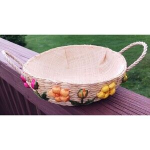 VTG Hand Woven Round Floral Basket Yellow Pink Peach Flower Handles Philippines